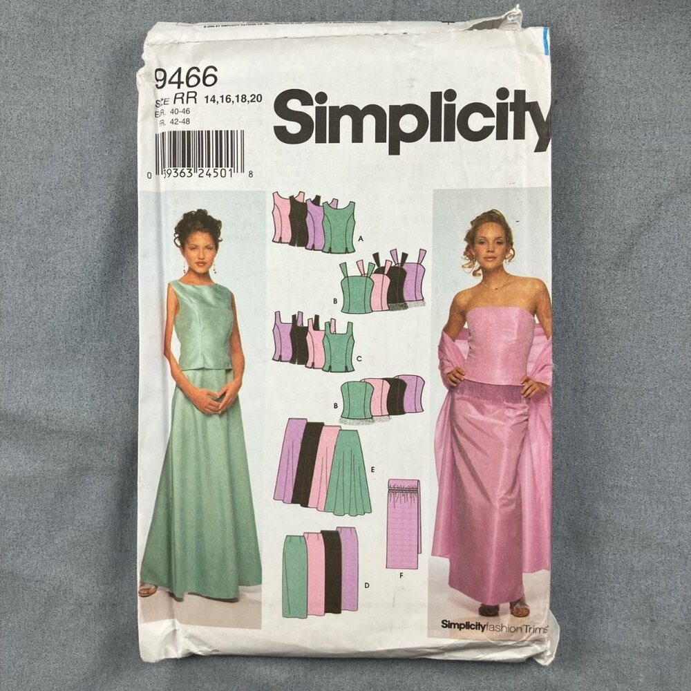 Simplicity Pattern 9466 Misses Sleeveless Fitted Formal Top Skirt wrap Sz 14-20